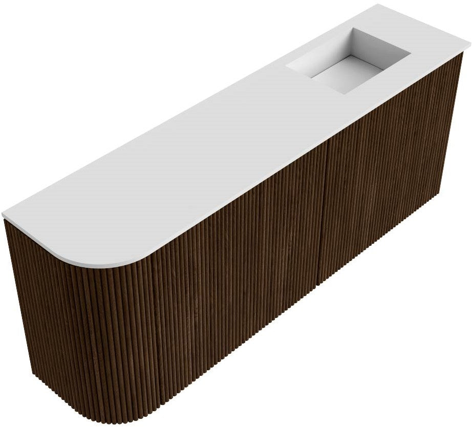 JOYA 101,6cm toiletmeubel ronding links kleur Walnut. Wastafel FAYE positie Rechts Zonder kraangat kleur Talc.