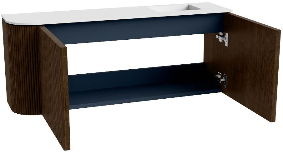 JOYA 101,6cm toiletmeubel ronding links kleur Walnut. Wastafel FAYE positie Rechts Zonder kraangat kleur Talc.