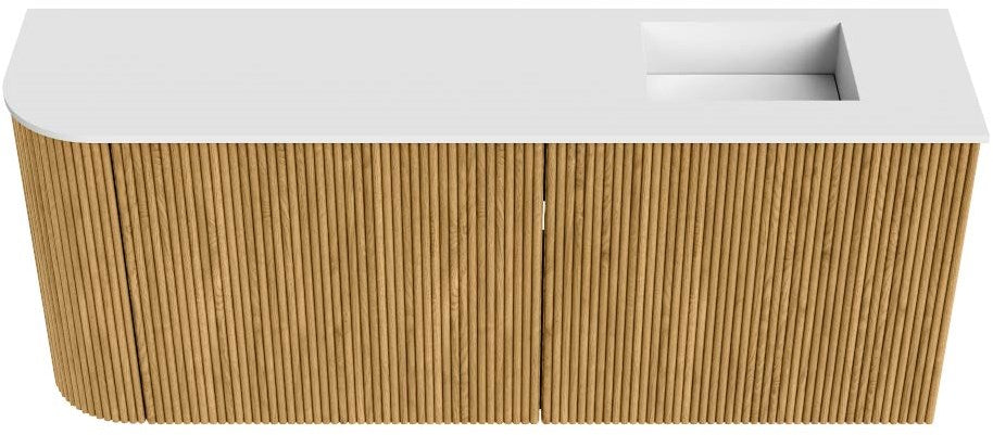 JOYA 101,6cm toiletmeubel ronding links kleur Oak. Wastafel FAYE positie Rechts 1 kraangat kleur Talc.