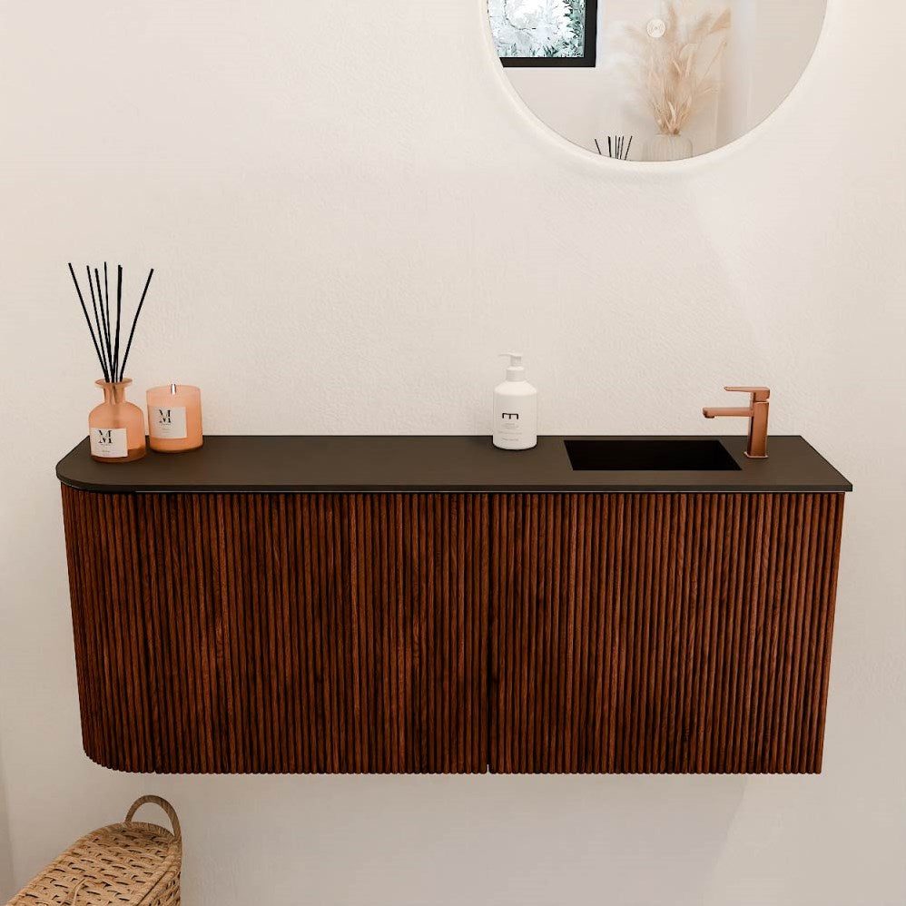 JOYA 101,6cm toiletmeubel ronding links kleur Ruby. Wastafel FAYE positie Rechts 1 kraangat kleur Urban.
