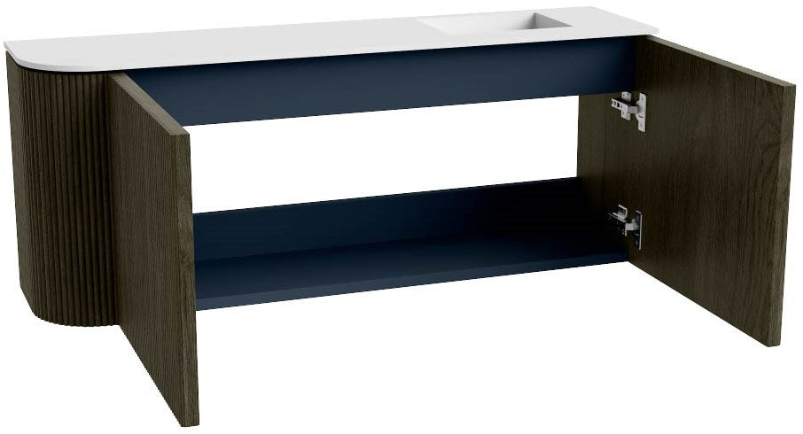 JOYA 101,6cm toiletmeubel ronding links kleur Shadow. Wastafel FAYE positie Rechts 1 kraangat kleur Talc.