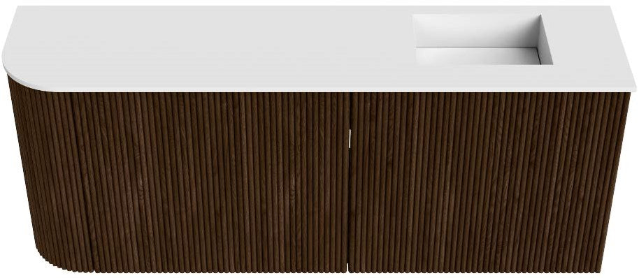 JOYA 101,6cm toiletmeubel ronding links kleur Walnut. Wastafel FAYE positie Rechts 1 kraangat kleur Talc.