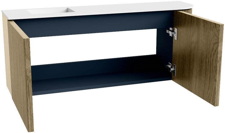 JOYA 101,6cm toiletmeubel ronding rechts kleur Dusk. Wastafel FAYE positie Links Zonder kraangat kleur Talc.
