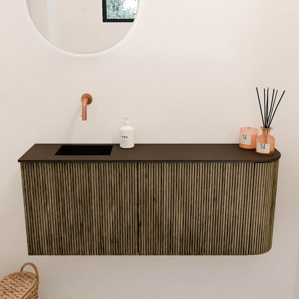 JOYA 101,6cm toiletmeubel ronding rechts kleur Dusk. Wastafel FAYE positie Links Zonder kraangat kleur Urban.