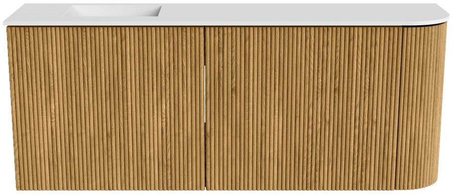 JOYA 101,6cm toiletmeubel ronding rechts kleur Oak. Wastafel FAYE positie Links Zonder kraangat kleur Talc.