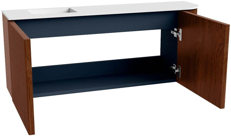 JOYA 101,6cm toiletmeubel ronding rechts kleur Ruby. Wastafel FAYE positie Links Zonder kraangat kleur Talc.