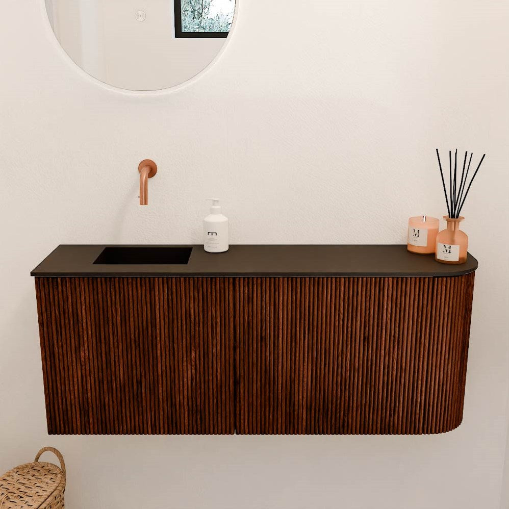 JOYA 101,6cm toiletmeubel ronding rechts kleur Ruby. Wastafel FAYE positie Links Zonder kraangat kleur Urban.