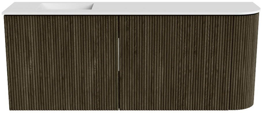 JOYA 101,6cm toiletmeubel ronding rechts kleur Shadow. Wastafel FAYE positie Links Zonder kraangat kleur Talc.