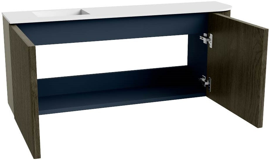 JOYA 101,6cm toiletmeubel ronding rechts kleur Shadow. Wastafel FAYE positie Links Zonder kraangat kleur Talc.