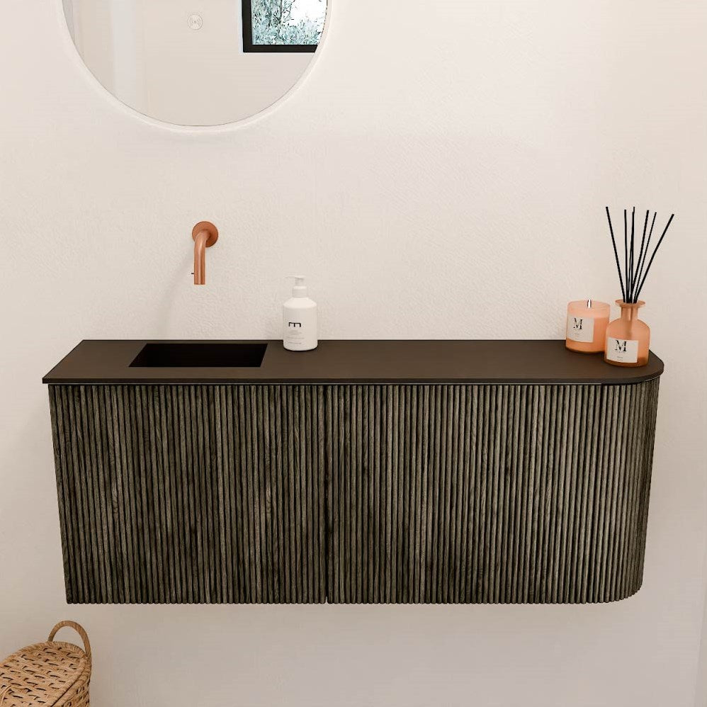 JOYA 101,6cm toiletmeubel ronding rechts kleur Shadow. Wastafel FAYE positie Links Zonder kraangat kleur Urban.