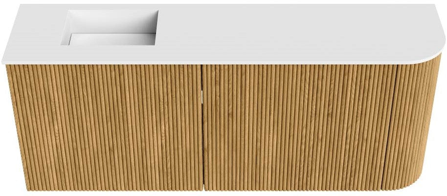 JOYA 101,6cm toiletmeubel ronding rechts kleur Oak. Wastafel FAYE positie Links 1 kraangat kleur Talc.