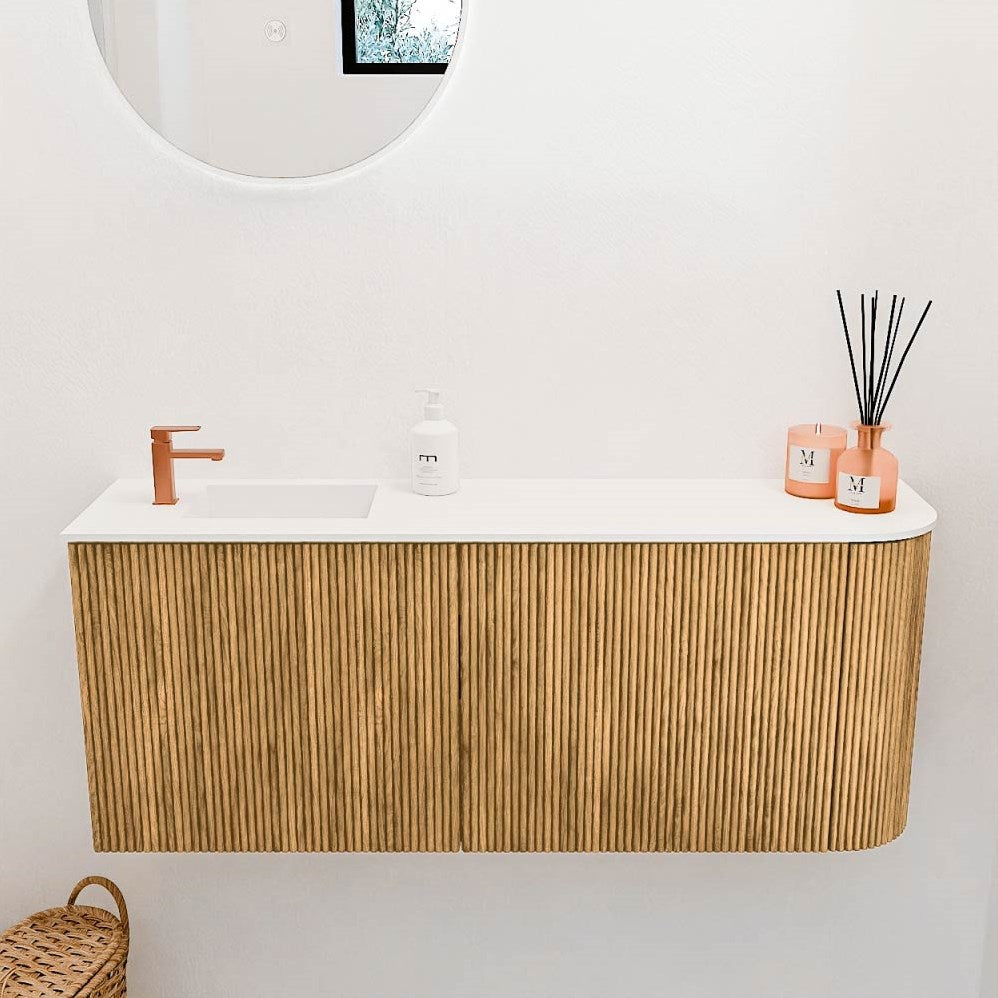 JOYA 101,6cm toiletmeubel ronding rechts kleur Oak. Wastafel FAYE positie Links 1 kraangat kleur Talc.