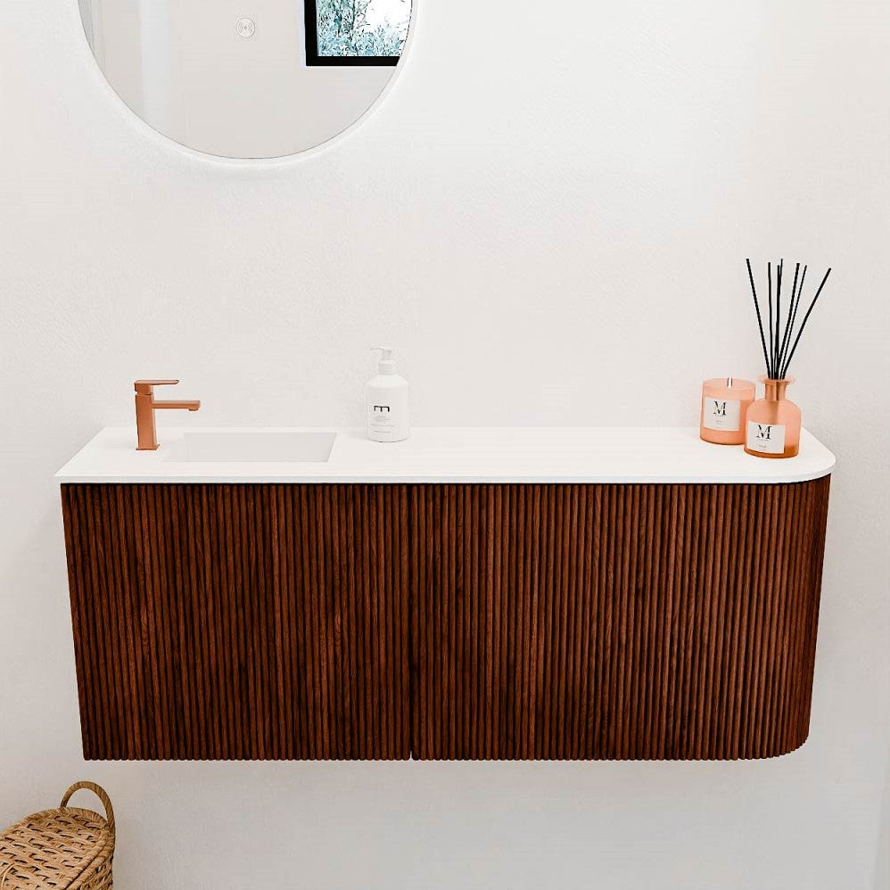 JOYA 101,6cm toiletmeubel ronding rechts kleur Ruby. Wastafel FAYE positie Links 1 kraangat kleur Talc.