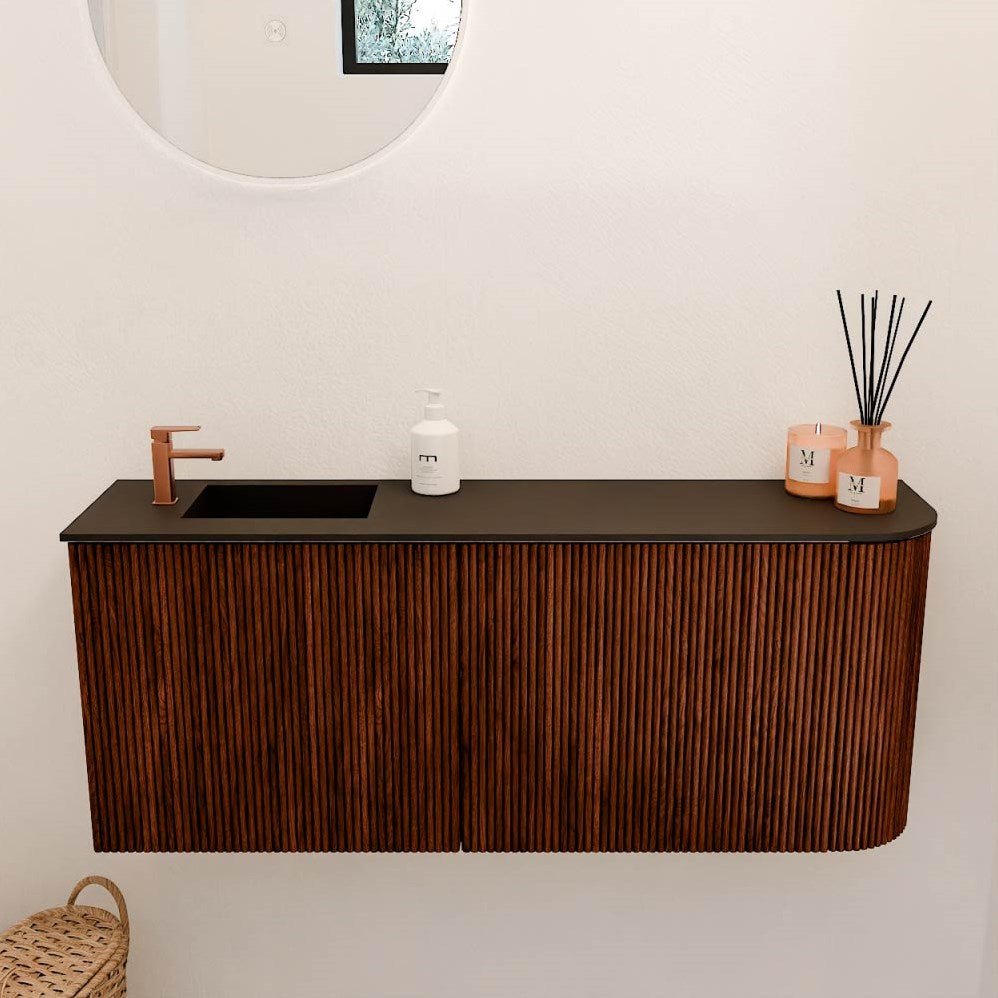 JOYA 101,6cm toiletmeubel ronding rechts kleur Ruby. Wastafel FAYE positie Links 1 kraangat kleur Urban.
