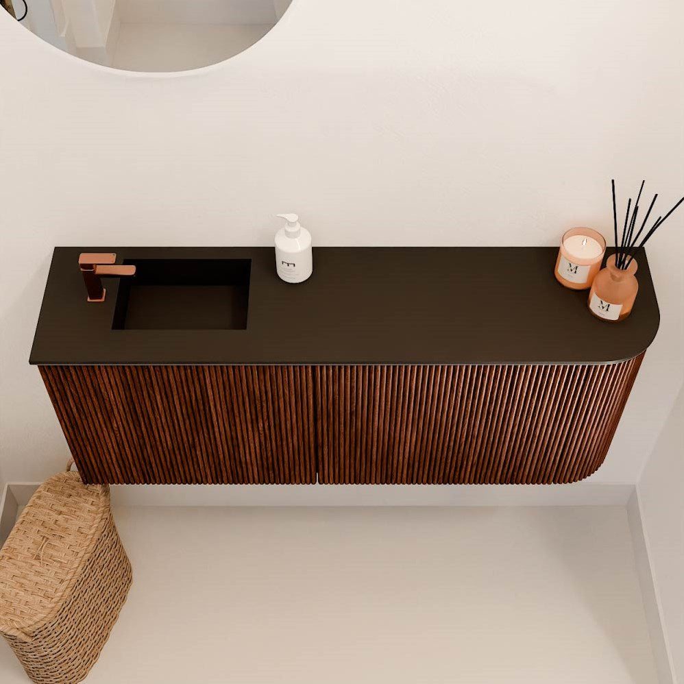 JOYA 101,6cm toiletmeubel ronding rechts kleur Ruby. Wastafel FAYE positie Links 1 kraangat kleur Urban.