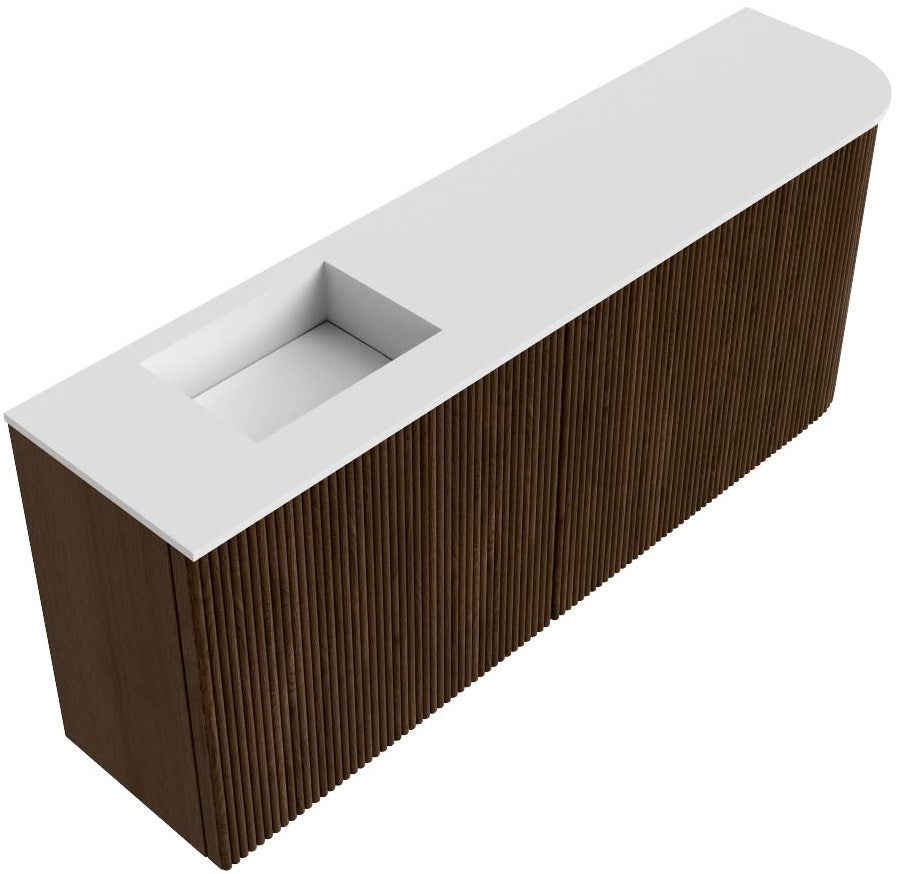 JOYA 101,6cm toiletmeubel ronding rechts kleur Walnut. Wastafel FAYE positie Links 1 kraangat kleur Talc.