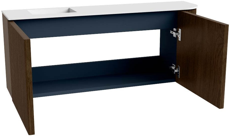 JOYA 101,6cm toiletmeubel ronding rechts kleur Walnut. Wastafel FAYE positie Links 1 kraangat kleur Talc.