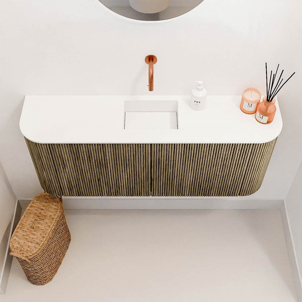 JOYA 103,2cm toiletmeubel ronding links + rechts kleur Dusk. Wastafel FAYE positie Midden Zonder kraangat kleur Talc.