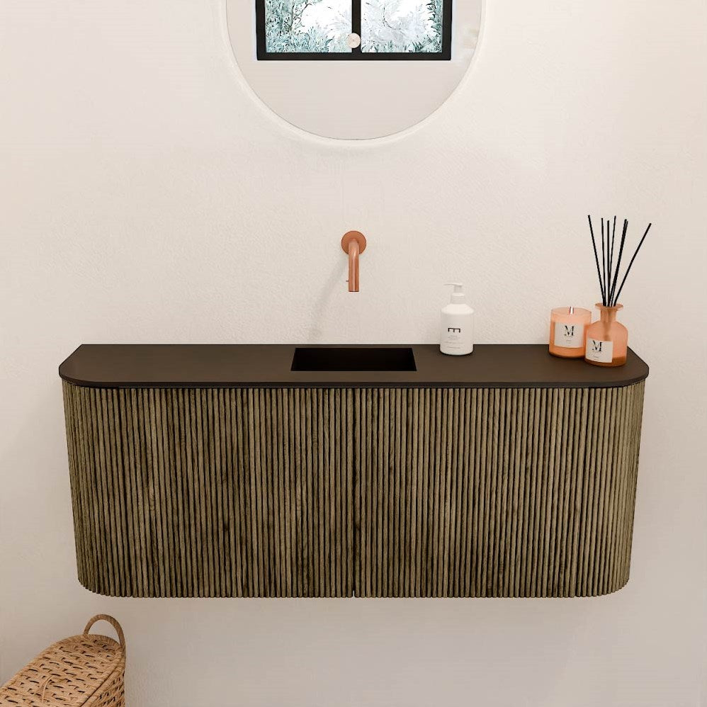 JOYA 103,2cm toiletmeubel ronding links + rechts kleur Dusk. Wastafel FAYE positie Midden Zonder kraangat kleur Urban.