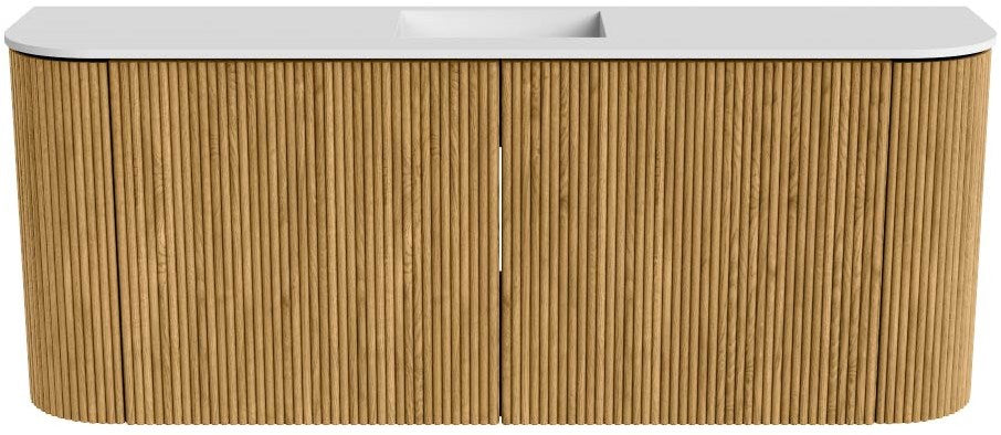 JOYA 103,2cm toiletmeubel ronding links + rechts kleur Oak. Wastafel FAYE positie Midden Zonder kraangat kleur Talc.