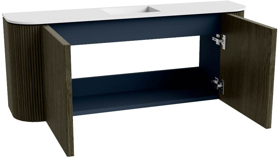 JOYA 103,2cm toiletmeubel ronding links + rechts kleur Shadow. Wastafel FAYE positie Midden Zonder kraangat kleur Talc.
