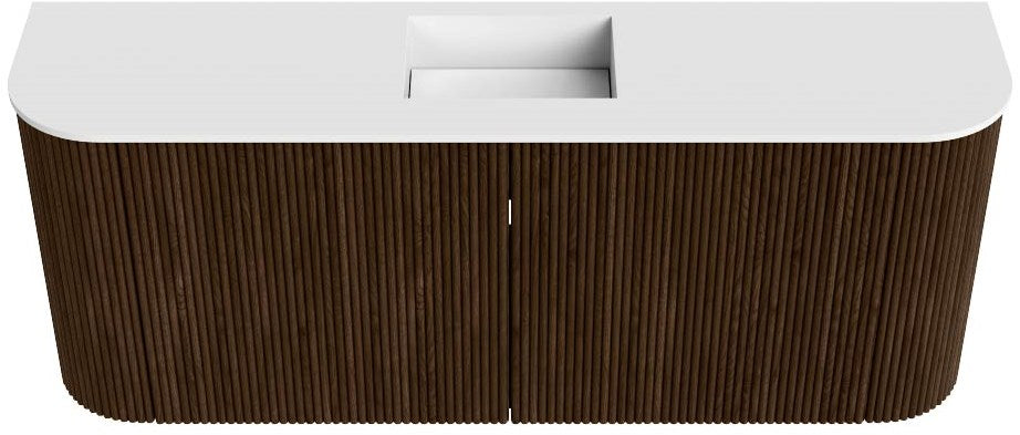 JOYA 103,2cm toiletmeubel ronding links + rechts kleur Walnut. Wastafel FAYE positie Midden Zonder kraangat kleur Talc.