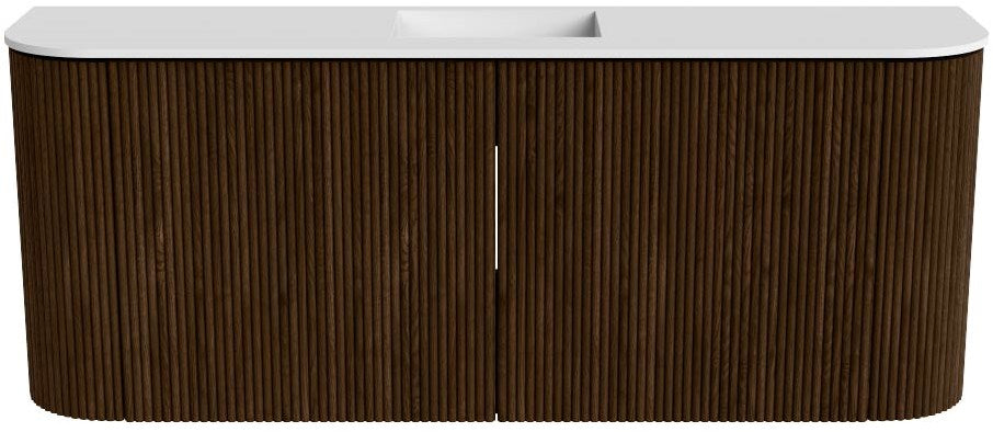 JOYA 103,2cm toiletmeubel ronding links + rechts kleur Walnut. Wastafel FAYE positie Midden Zonder kraangat kleur Talc.