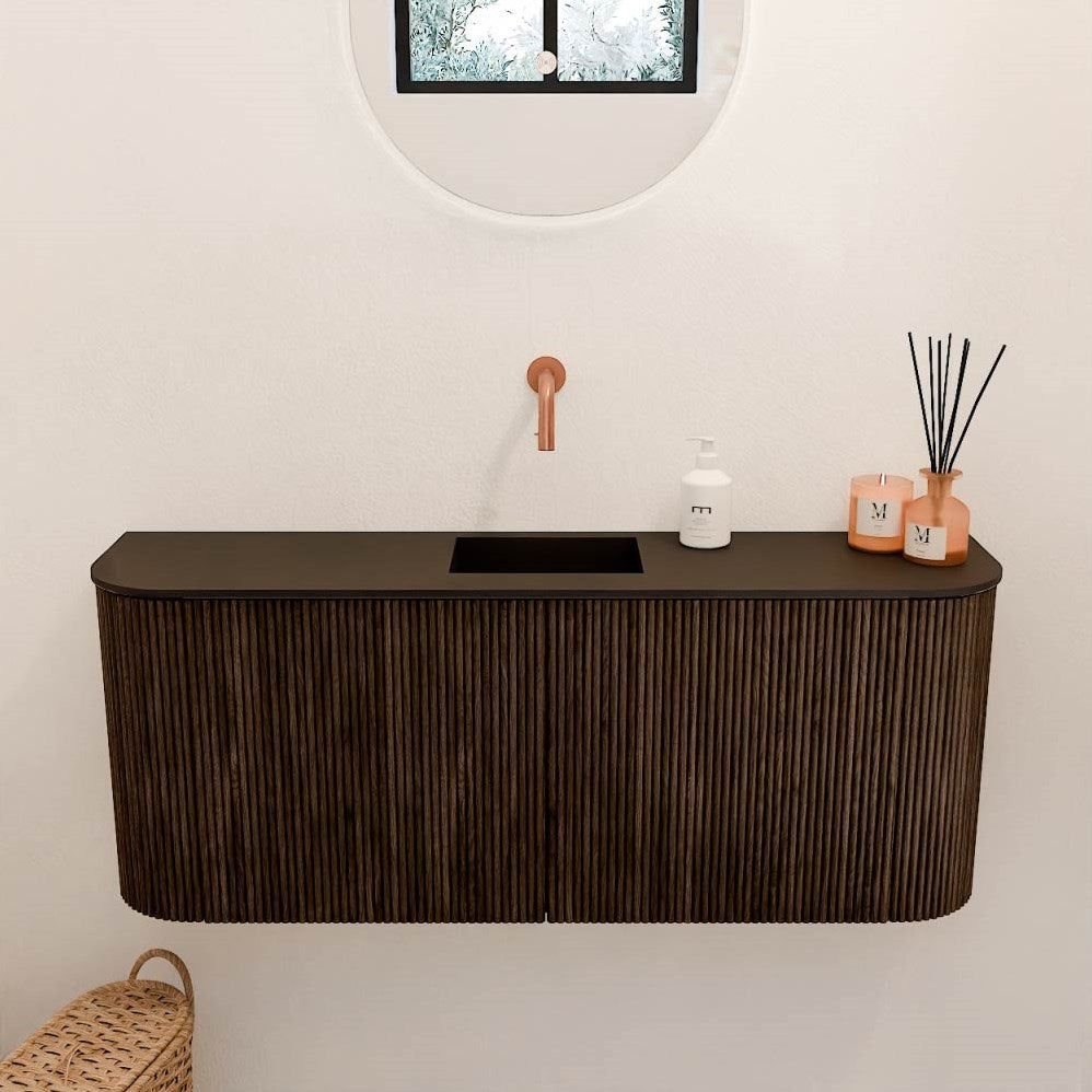 JOYA 103,2cm toiletmeubel ronding links + rechts kleur Walnut. Wastafel FAYE positie Midden Zonder kraangat kleur Urban.
