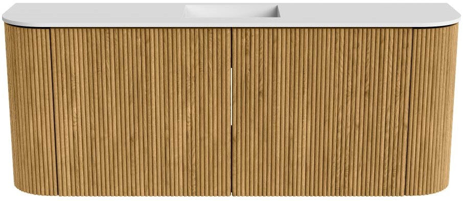 JOYA 103,2cm toiletmeubel ronding links + rechts kleur Oak. Wastafel FAYE positie Midden 1 kraangat kleur Talc.