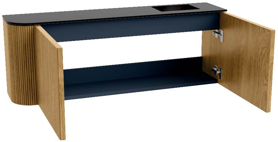 JOYA 111,6cm toiletmeubel ronding links kleur Oak. Wastafel FAYE positie Rechts 1 kraangat kleur Urban.