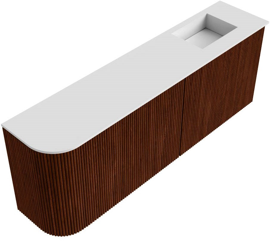 JOYA 111,6cm toiletmeubel ronding links kleur Ruby. Wastafel FAYE positie Rechts 1 kraangat kleur Talc.