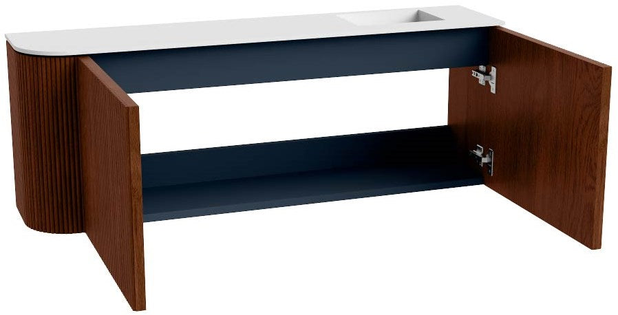 JOYA 111,6cm toiletmeubel ronding links kleur Ruby. Wastafel FAYE positie Rechts 1 kraangat kleur Talc.
