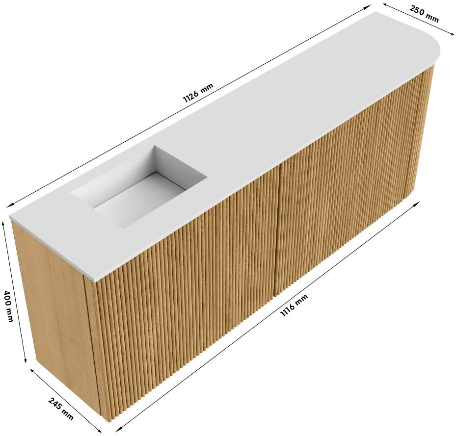 JOYA 111,6cm toiletmeubel ronding rechts kleur Oak. Wastafel FAYE positie Links 1 kraangat kleur Talc.