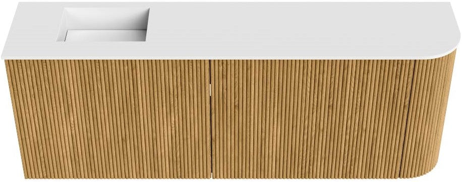 JOYA 111,6cm toiletmeubel ronding rechts kleur Oak. Wastafel FAYE positie Links 1 kraangat kleur Talc.