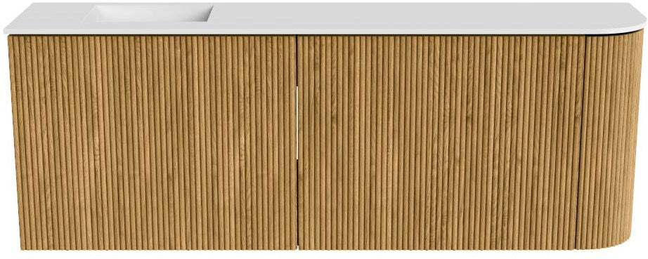 JOYA 111,6cm toiletmeubel ronding rechts kleur Oak. Wastafel FAYE positie Links 1 kraangat kleur Talc.