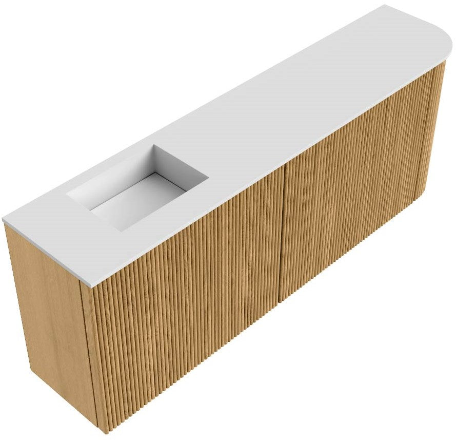 JOYA 111,6cm toiletmeubel ronding rechts kleur Oak. Wastafel FAYE positie Links 1 kraangat kleur Talc.