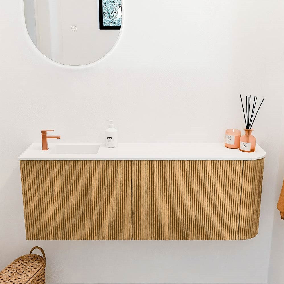 JOYA 111,6cm toiletmeubel ronding rechts kleur Oak. Wastafel FAYE positie Links 1 kraangat kleur Talc.