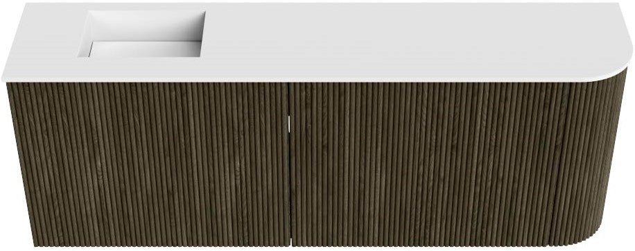 JOYA 111,6cm toiletmeubel ronding rechts kleur Shadow. Wastafel FAYE positie Links 1 kraangat kleur Talc.