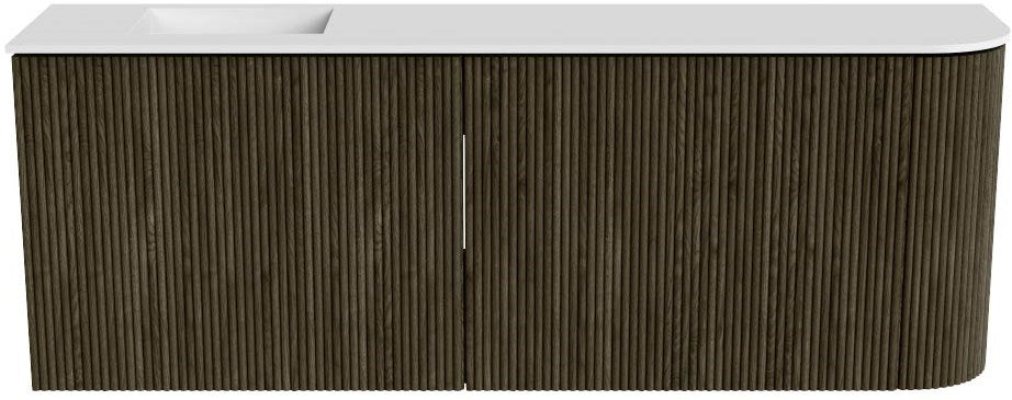 JOYA 111,6cm toiletmeubel ronding rechts kleur Shadow. Wastafel FAYE positie Links 1 kraangat kleur Talc.
