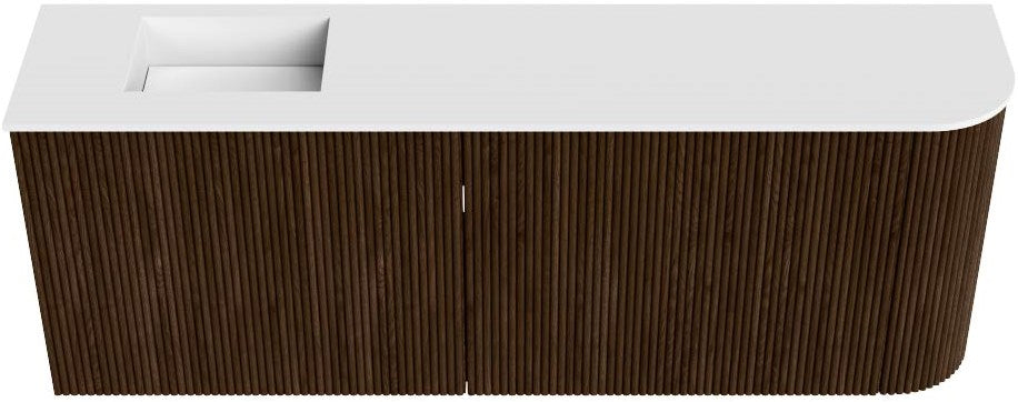 JOYA 111,6cm toiletmeubel ronding rechts kleur Walnut. Wastafel FAYE positie Links 1 kraangat kleur Talc.