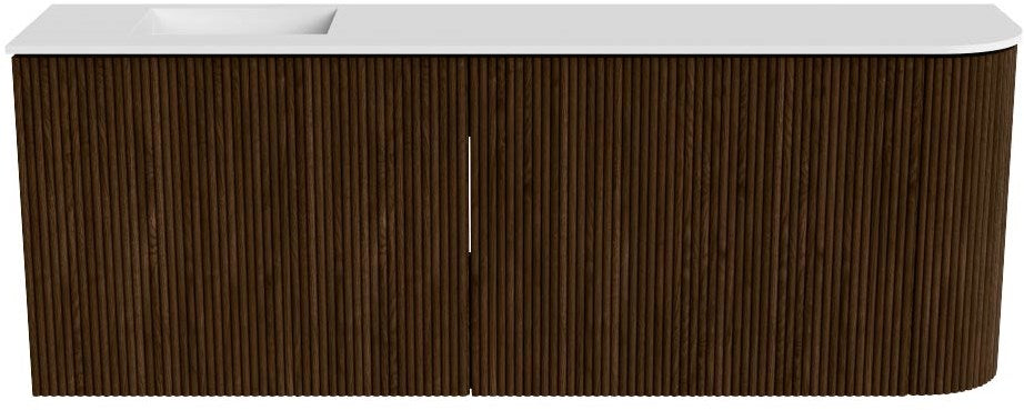 JOYA 111,6cm toiletmeubel ronding rechts kleur Walnut. Wastafel FAYE positie Links 1 kraangat kleur Talc.