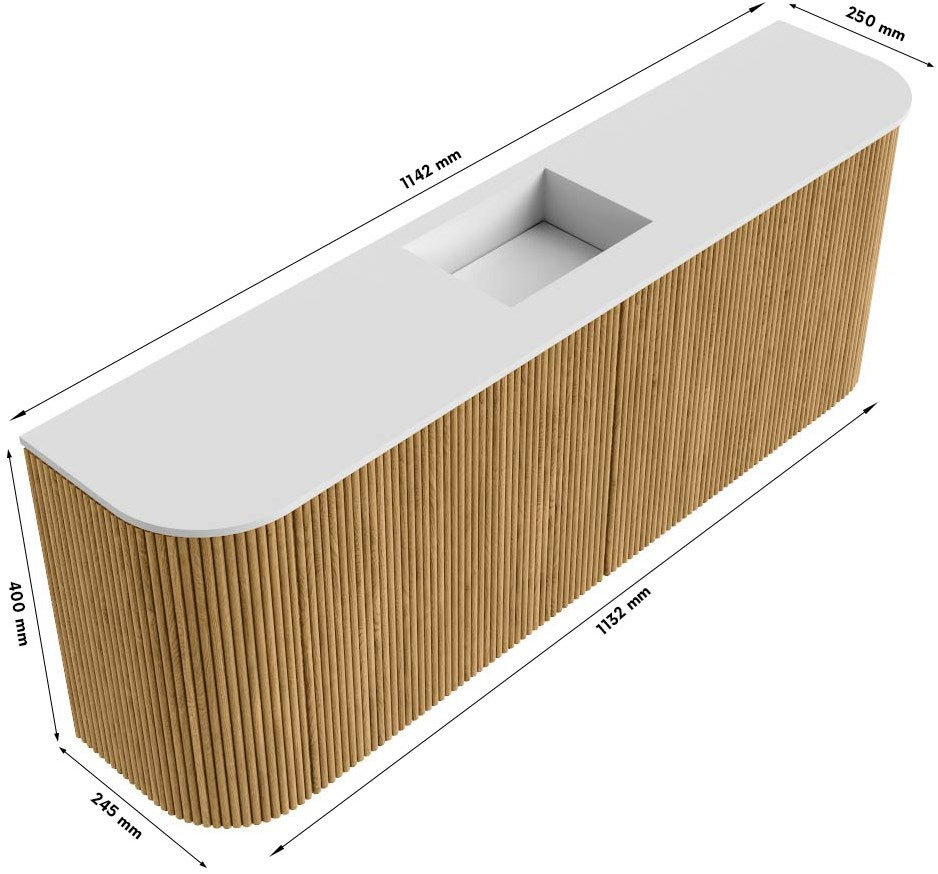 JOYA 113,2cm toiletmeubel ronding links + rechts kleur Oak. Wastafel FAYE positie Midden Zonder kraangat kleur Talc.