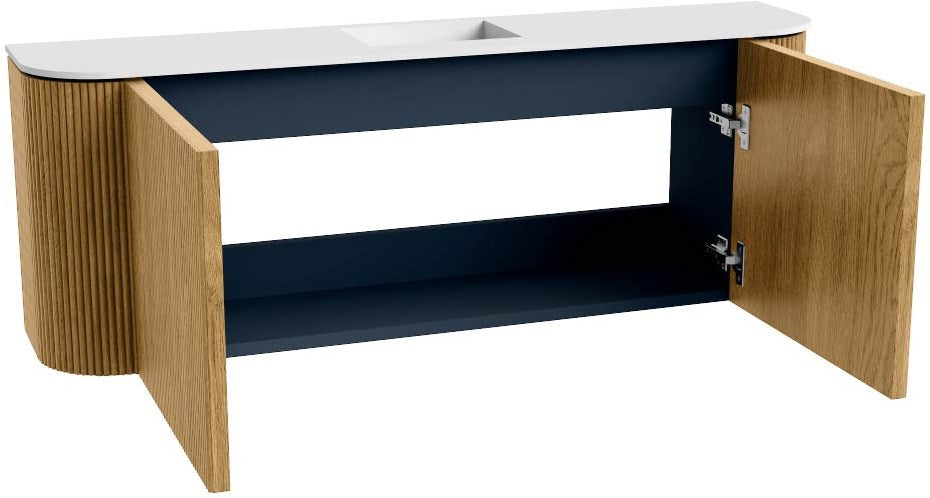 JOYA 113,2cm toiletmeubel ronding links + rechts kleur Oak. Wastafel FAYE positie Midden Zonder kraangat kleur Talc.