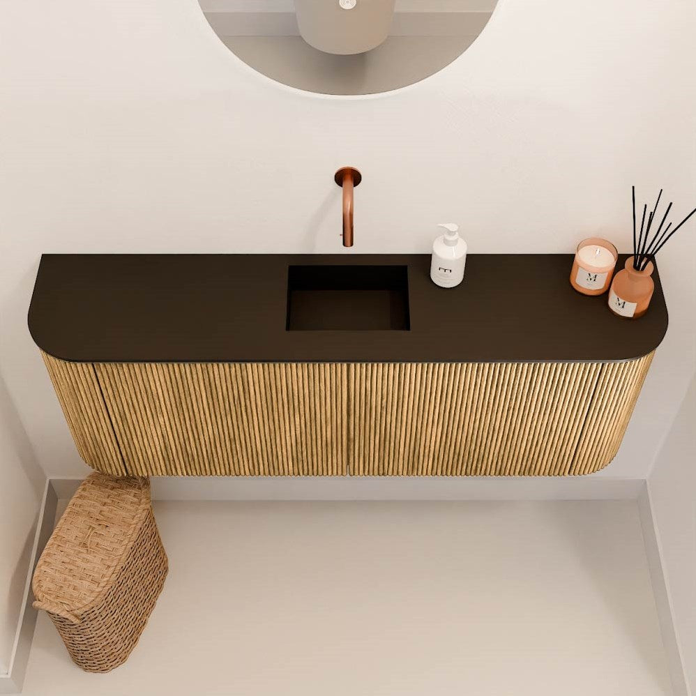 JOYA 113,2cm toiletmeubel ronding links + rechts kleur Oak. Wastafel FAYE positie Midden Zonder kraangat kleur Urban.