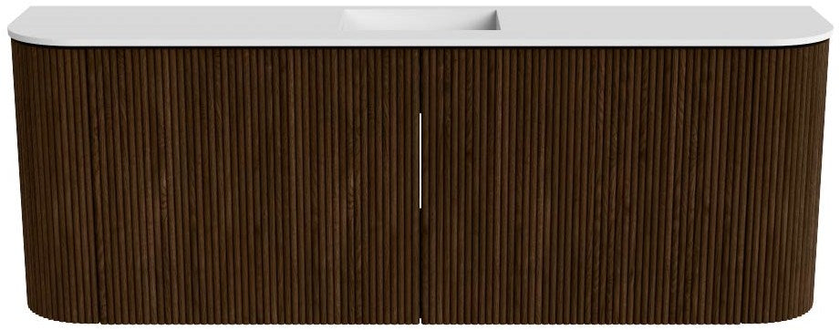 JOYA 113,2cm toiletmeubel ronding links + rechts kleur Walnut. Wastafel FAYE positie Midden Zonder kraangat kleur Talc.