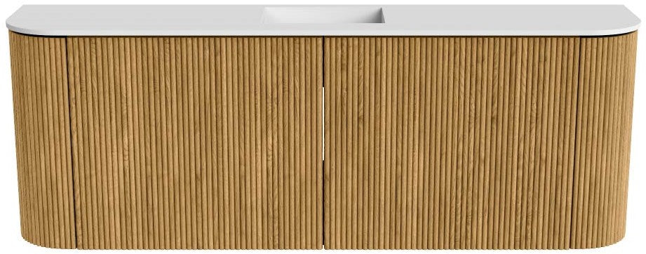 JOYA 113,2cm toiletmeubel ronding links + rechts kleur Oak. Wastafel FAYE positie Midden 1 kraangat kleur Talc.