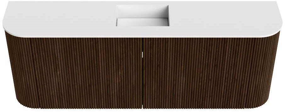 JOYA 113,2cm toiletmeubel ronding links + rechts kleur Walnut. Wastafel FAYE positie Midden 1 kraangat kleur Talc.