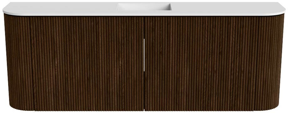JOYA 113,2cm toiletmeubel ronding links + rechts kleur Walnut. Wastafel FAYE positie Midden 1 kraangat kleur Talc.