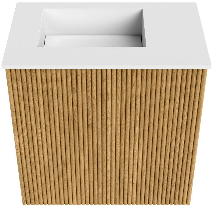 JOYA 40cm toiletmeubel kleur Oak. Wastafel FAYE positie Links Zonder kraangat kleur Talc.