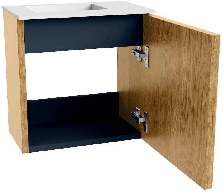 JOYA 40cm toiletmeubel kleur Oak. Wastafel FAYE positie Links Zonder kraangat kleur Talc.